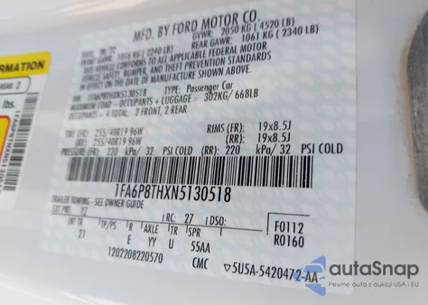 2022 Ford Mustang Ecoboost Fastback из США, поврежденный, VIN 1FA6P8THXN5130518